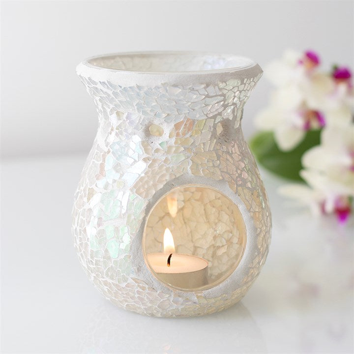 Glass Oil Burner - White Iridescent Crackle