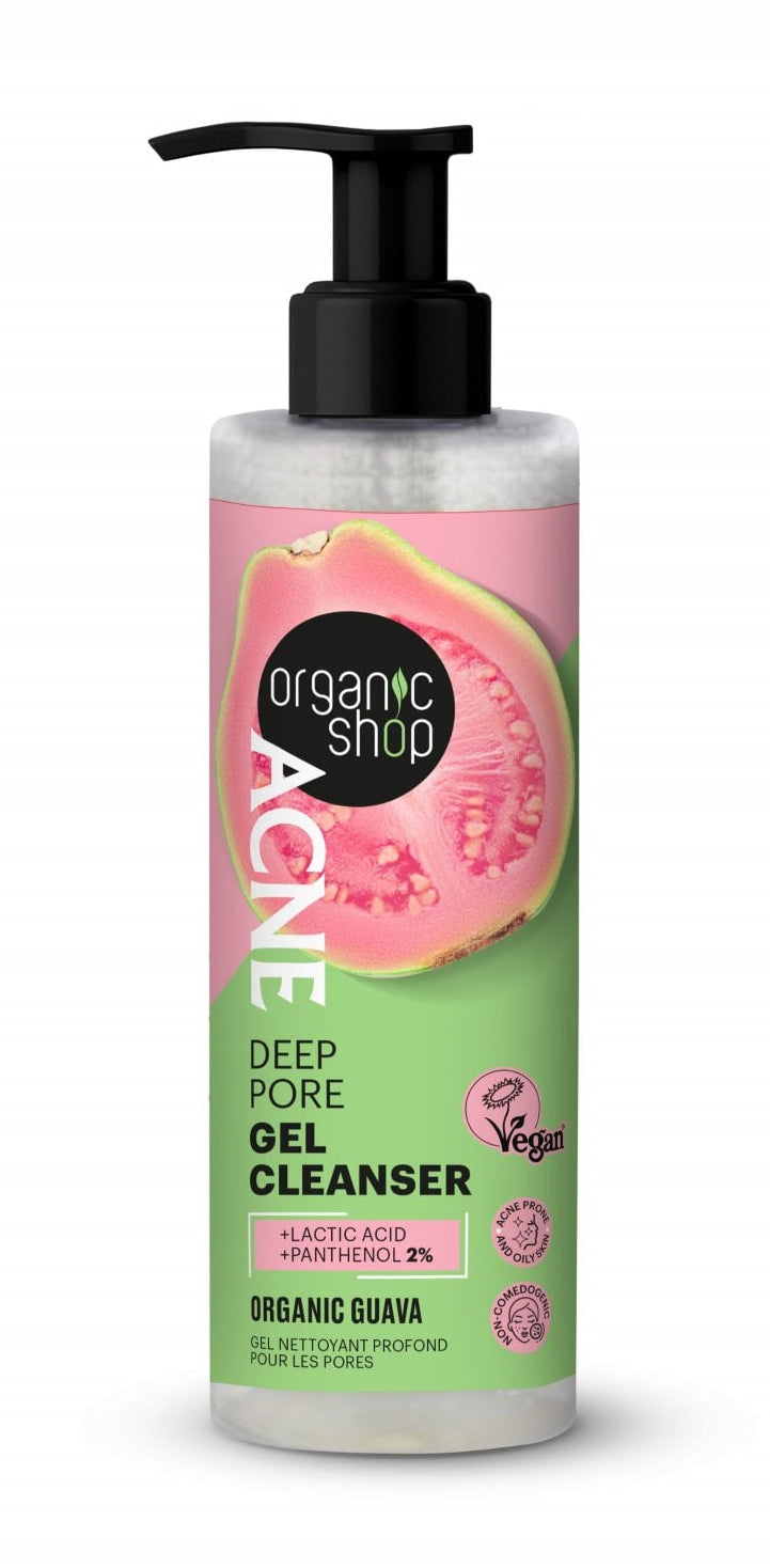 Bottle of Organic Shop Acne Deep Pore Gel Cleanser on a white background