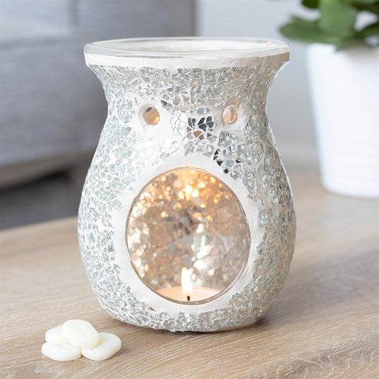 Glass Oil Burner - Silver Iridescent Crackle Large