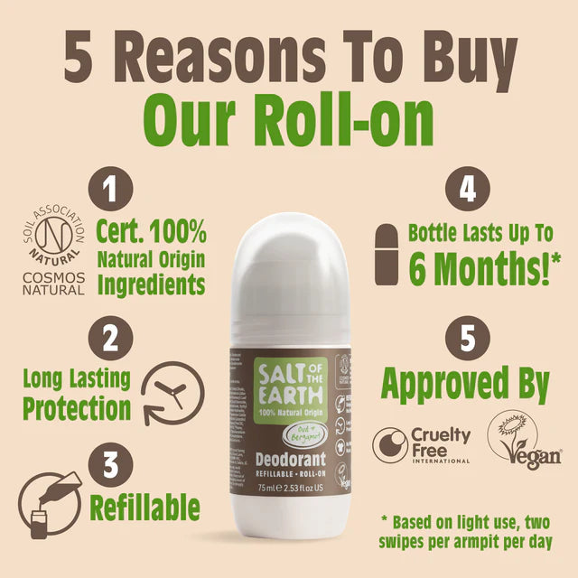 Salt of the Earth Deodorant Roll On 75ml Refillable - Oud and Bergamot