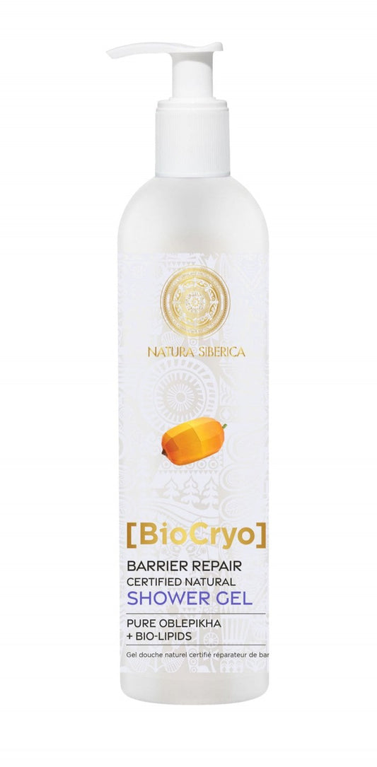 A white pump bottle of Natura Siberica BioCryo Barrier Repair Shower Gel, featuring a gold circular logo and an orange citrus slice graphic on a white background.