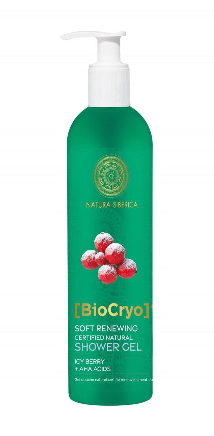 A green pump bottle of Natura Siberica BioCryo Soft Renewing Coaxed Natural Shower Gel, featuring a white pump dispenser and a graphic of red berries on the front, set against a plain white background.