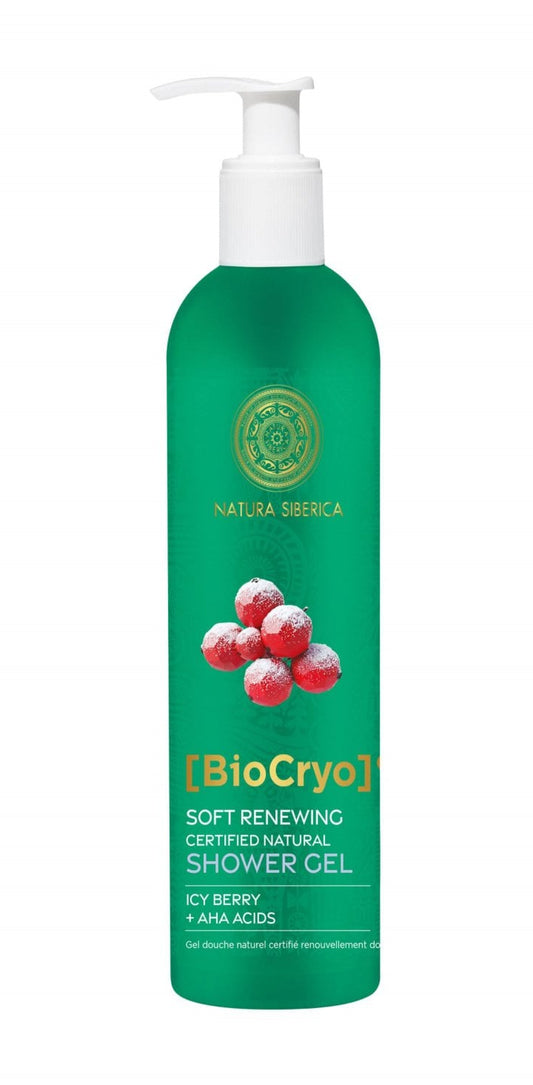 A green pump bottle of Natura Siberica BioCryo Soft Renewing Coaxed Natural Shower Gel, featuring a white pump dispenser and a graphic of red berries on the front, set against a plain white background.