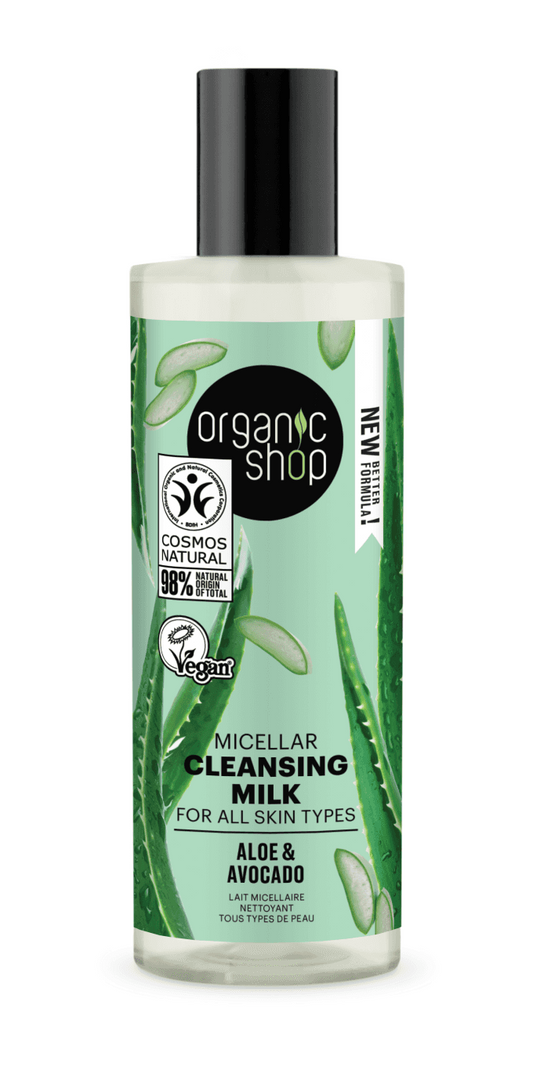 Bottle of Organic Shop micellar cleansing milk with aloe vera and avocado on a white background
